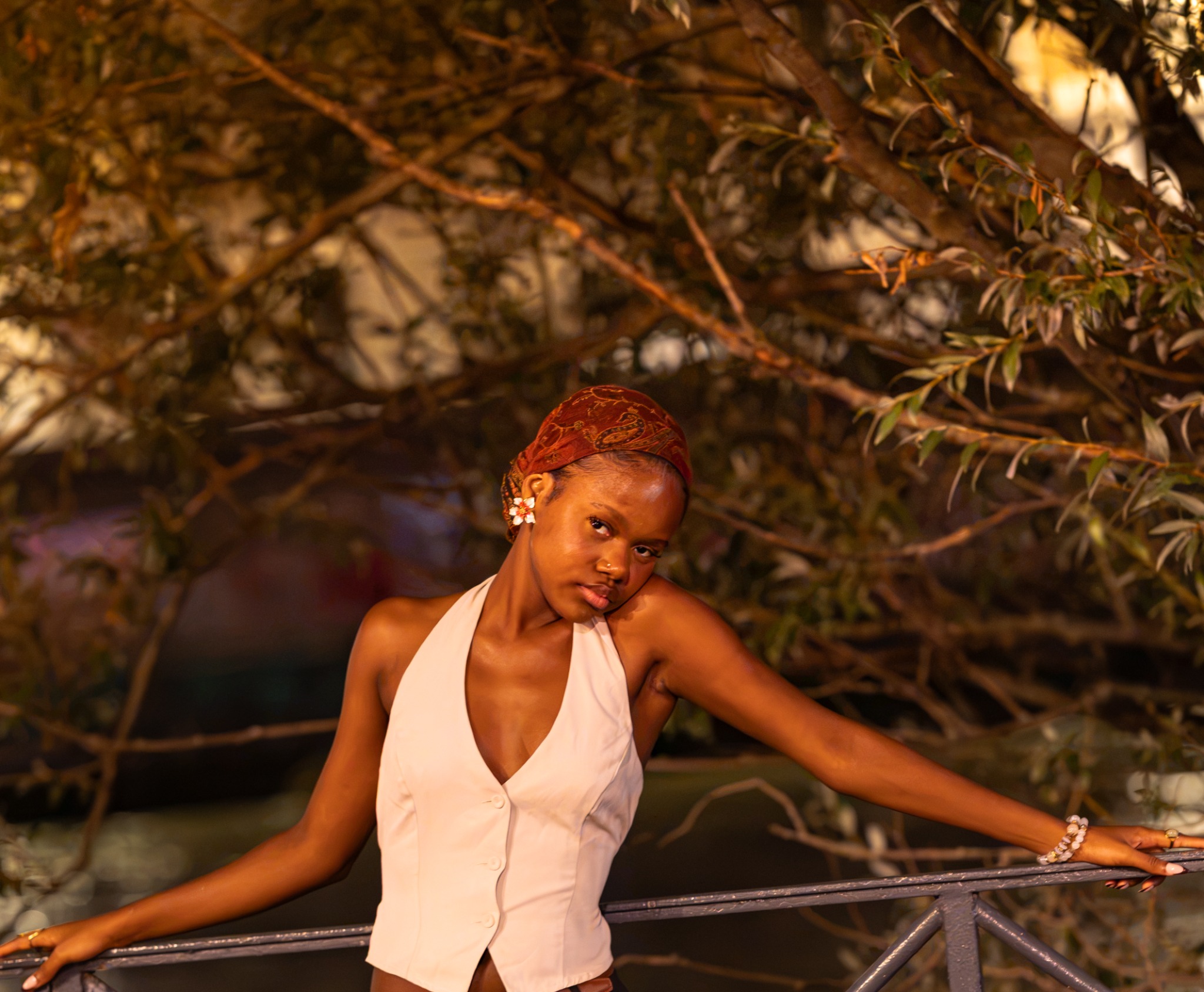 Woman posing beneath branches in warm evening light