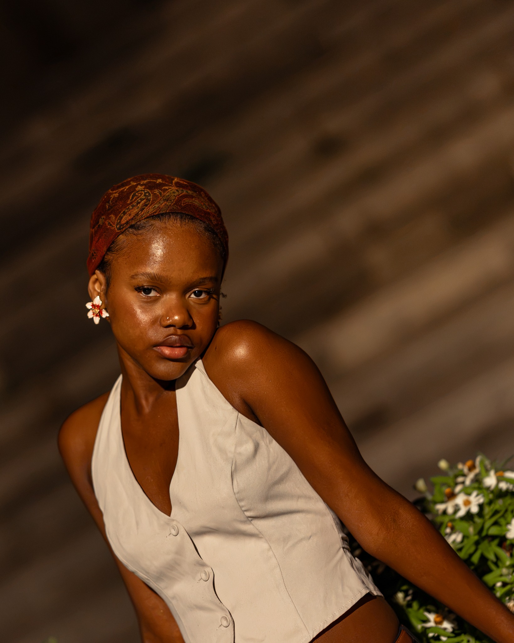 Close editorial portrait of a woman in warm evening light